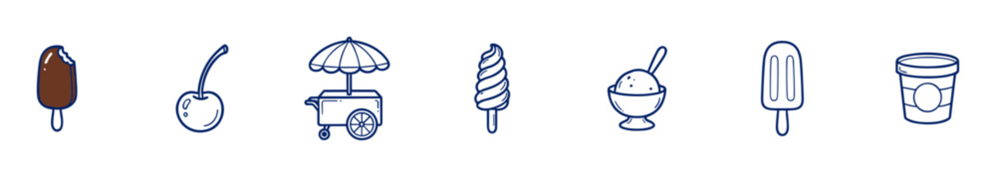 Hand-drawn ice cream and dessert icons including popsicles, cherry, ice cream cup, soft serve ice cream, and ice cream cart