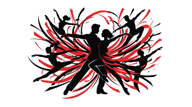 Dynamic ballroom dance silhouettes with red abstract swirls, professional dancers performing tango and salsa, elegant couple dancing vector illustration