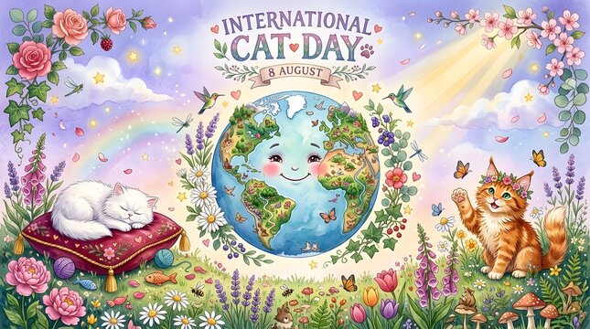 Floral ornament with cats and a smiling earth watercolor illustration