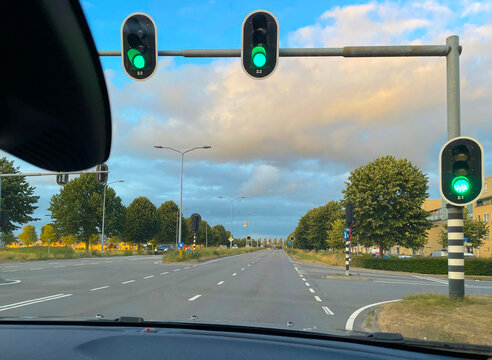 The modern city of Almere in a bright blue cloudy sky, at sunset  Almere, Flevoland, the Netherlands, July, 2026