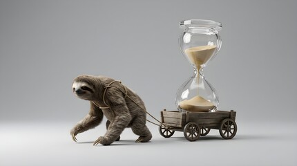 Fototapeta premium Persistent Sloth Pulling a Giant Hourglass on a Wooden Cart