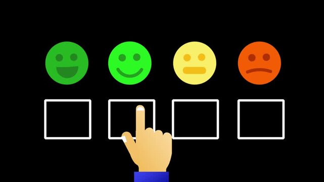 Selecting a happy smiley face on a feedback rating scale, an animated hand clicks a checkbox with a green checkmark against a black background.