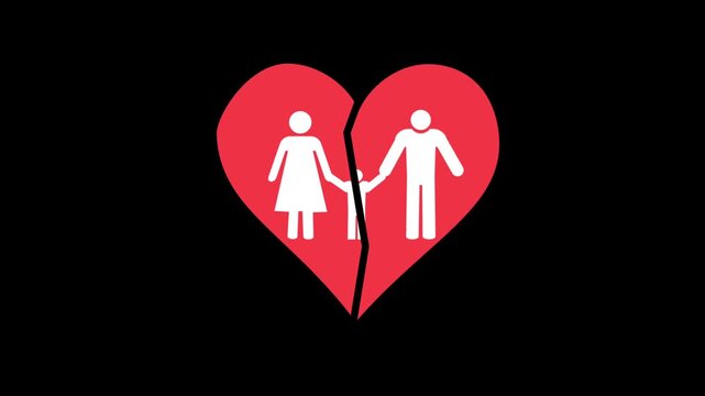 A red heart splits down the middle with white family figures inside, symbolizing divorce and family separation against a solid black background.