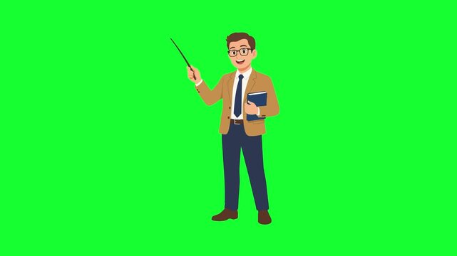 Animated male teacher pointing with stick holding book on green screen background for education concept
