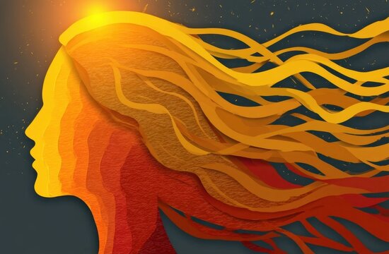 Silhouette of a woman with flowing fiery hair against a dark sky with starry