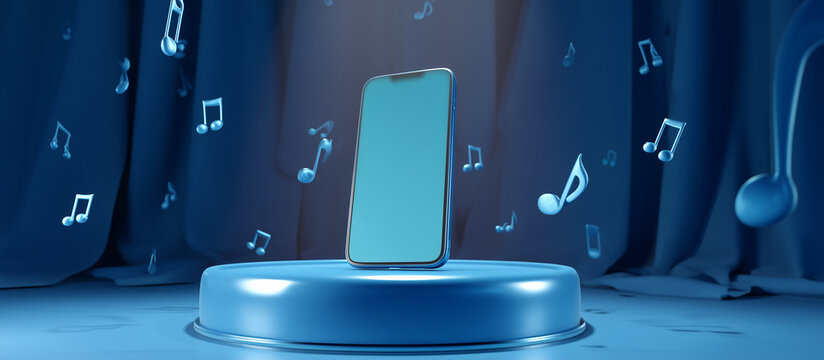 smartphone on blue podium with musical note floating
