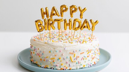 Obraz premium The Birthday Cake Displayed with Gold Happy Birthday Balloons and Sprinkles
