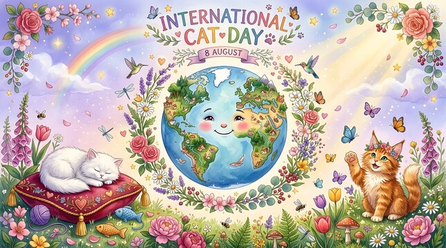 Floral Ornament With Earth Globe And Cats Watercolor Illustration