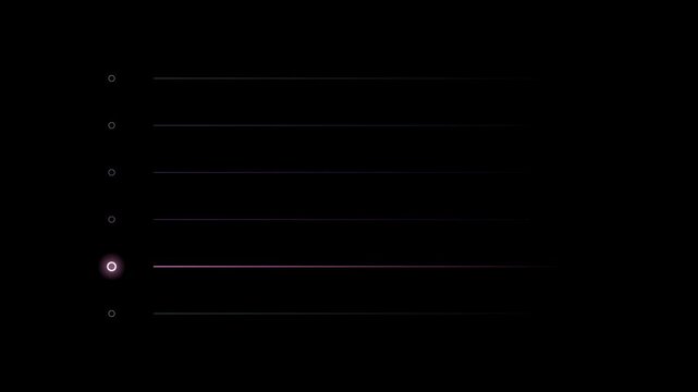 Abstract animated bullet point list drawn as violet and blue glowing lines and dots on a deep dark background. Clean minimal motion graphics element with free space around it, ideal for title sequence