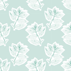 Fototapeta premium Mentha branch seamless pattern in linocut style with textured mint leaf prints and ink imprint effect on pastel green background for wallpaper, textile, and herbal tea packaging design.