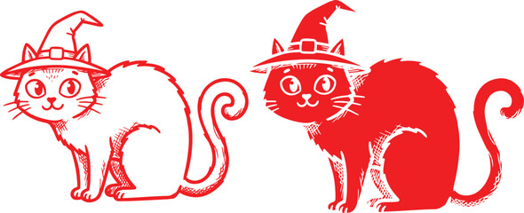 Two Red Cats Wearing Witch Hats Vector Illustration © Hamza