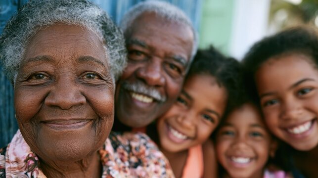 Smiling african american grandmother with husband and three granddaughters posing for family portrait