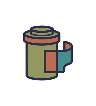 Vintage film canister with label and strip graphic illustration