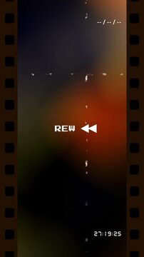Vintage VHS rewind overlay with light leaks and film strip border featuring a digital timer and analog glitch textures for nostalgic video transitions and retro aesthetics