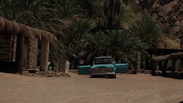 Life in a remote desert oasis featuring weathered blue vehicle among palm trees reflecting isolation resilience slow travel authentic destination and adaptation to harsh climate