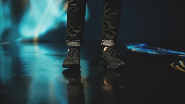 Anonymous Person Walking Through Immersive Digital Art Installation with Glowing Interactive Floor