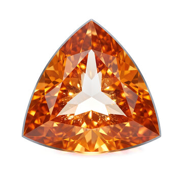 Trilliant cut triangular amber sunstone gemstone, translucent faceted crystal isolated on transparent background