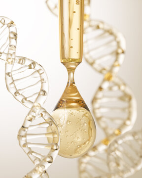 Cosmetic pipette with Cosmetic Essence oil Liquid drop on DNA background, 3d rendering.
