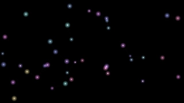 Abstract animated constellation of dots and links drawn as blue and cyan glowing lines and dots on a deep dark background. Clean minimal motion graphics element with free space around it, ideal for ti