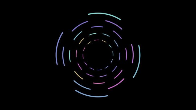 Abstract animated circular element with segments drawn as blue and cyan glowing lines and dots on a deep dark background. Clean minimal motion graphics element with free space around it, ideal for tit
