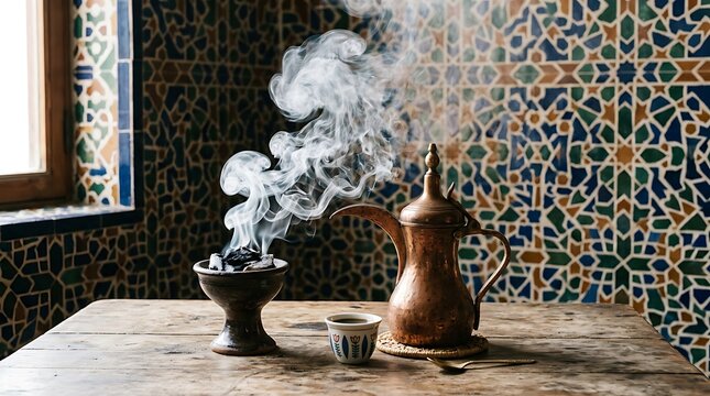 Traditional arabic coffee set with incense burner on mosaic background