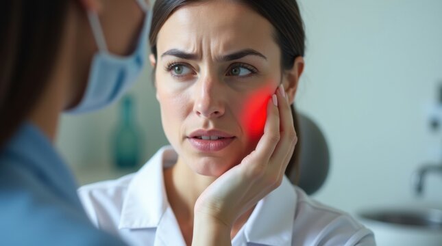 Mujer que visita al dentista, se sujeta la mejilla con gesto de molestia; una marca roja indica la ubicaci&oacute;n del dolor dental
