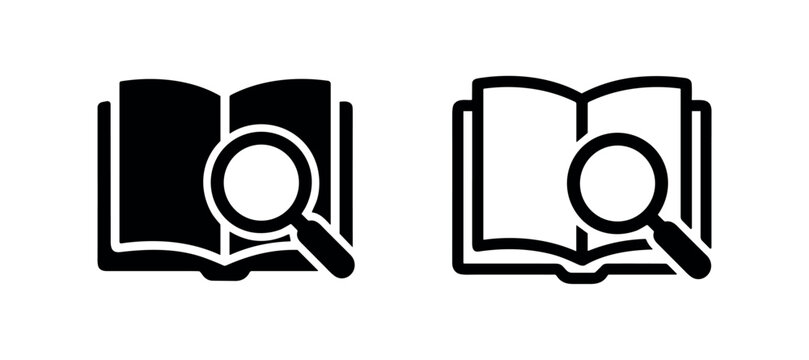 Research and Learning Icon with Open Book and Magnifying Glass