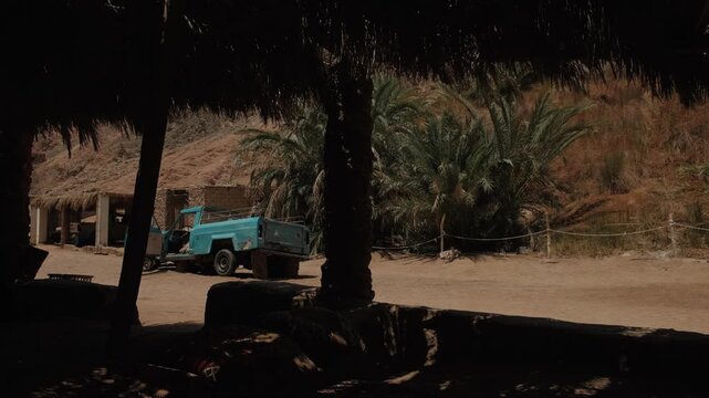 Life in a remote desert oasis viewed from natural shade revealing peaceful palm grove simple living extreme heat climate resilience and authentic travel destination