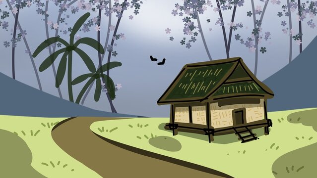 Digital illustration of traditional rural house in landscape with trees and birds