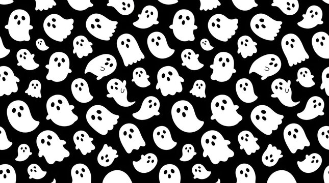 Seamless pattern featuring cute white ghosts on a black background perfect for a spooky halloween wallpaper design for festive holiday decorations and digital creative projects
