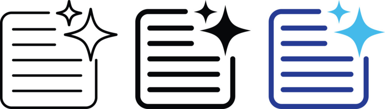 Clean document icon set. Document page with sparkle stars symbol for clear file, clean text, and draft enhancement. AI powered content generation. chatbot commands and smart writing