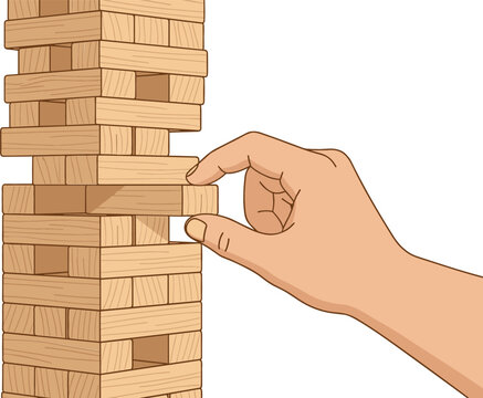 Hand pulling wooden block from unstable tower for business risk management strategy stability and planning vector illustration
