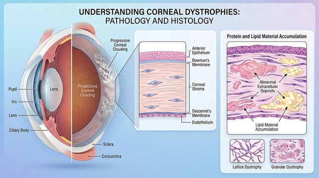 Histopathology diagram of the human eye focusing on corneal clouding, showing microscopic views of protein and lipid material accumulation within the stroma and endothelium layers of the cornea.