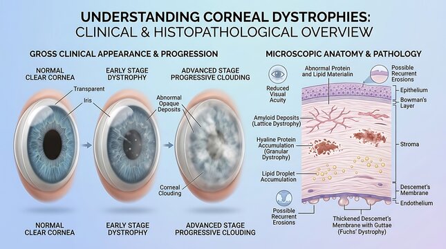 Clinical overview of corneal dystrophies showing the progression from a normal clear cornea to advanced clouding, paired with a microscopic analysis of amyloid and lipid protein deposits.