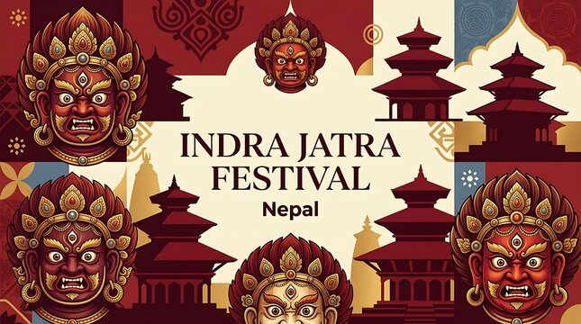 Traditional indra jatra festival poster with nepalese masks