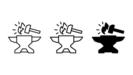 Blacksmith anvil with hammer hitting metal spark icon set blacksmith metalwork industry manufacturing craftsmanship © SHOFIKUL