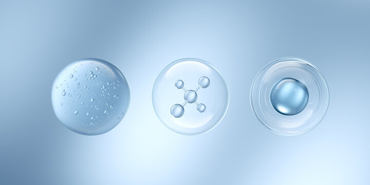 set of blue liquid bubbles, Cosmetic collagen serum 3d illustration.