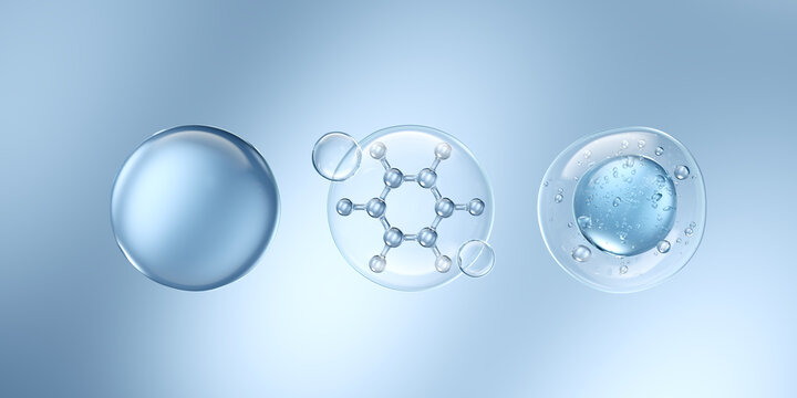 set of blue liquid bubbles, Cosmetic collagen serum 3d illustration.