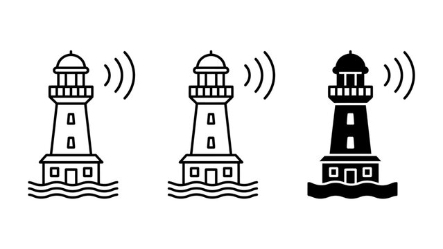 Lighthouse navigation signal icon set with wireless wave lighthouse navigation wireless maritime communication
