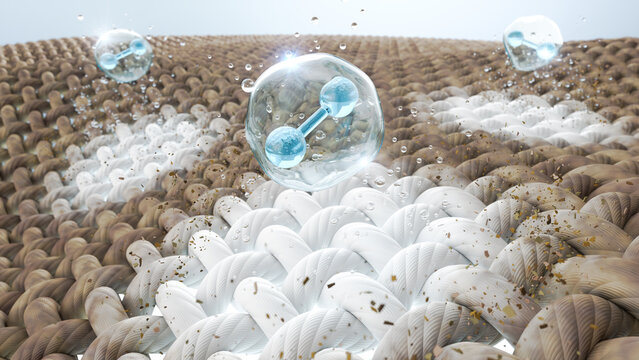 3D illustration of active detergent bubbles with molecules lifting dirt and stains from fabric fiber. Visualization of deep cleaning technology and laundry care product advertising.