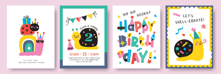 Birthday party snail and ladybug with party hat, party flags, presents and confetti. Vector illustration for birthday greeting card, birthday invitation card, sticker, poster, cover, backdrop and prin © BrixStudioIN