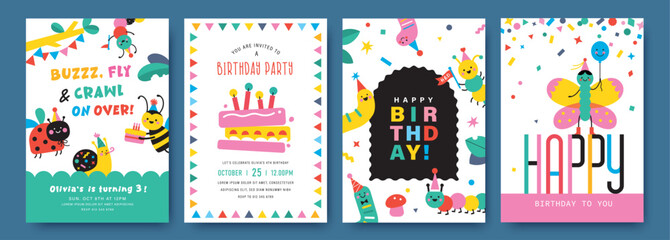 Set of bugs and insects theme birthday card and invitation card with cute little bee, butterfly, ladybug, bee, snail , caterpillar, cake, balloons, confetti © BrixStudioIN
