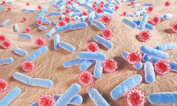 skin microbiome ecosystem with beneficial bacteria and microorganisms on the skin layer. Concept for balanced skin barrier, probiotic skincare, and healthy dermatology, 3D illustration.