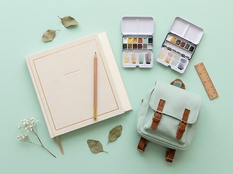 Flat lay of back to school supplies with a notebook and small mint backpack