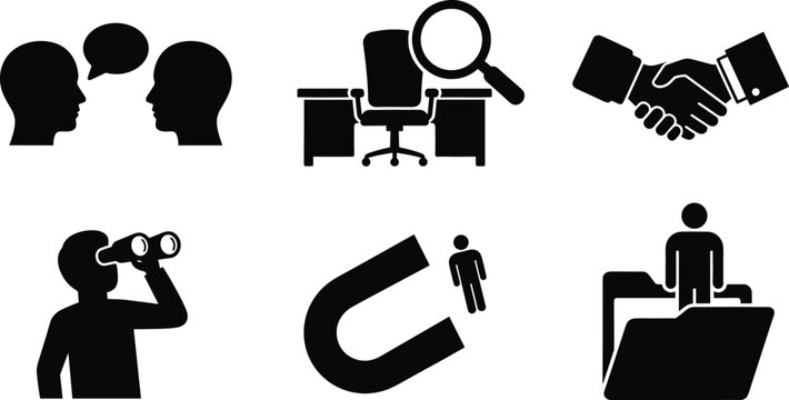 Human resources and corporate recruitment glyph icon set featuring hiring interview handshake headhunting magnet and employee folder