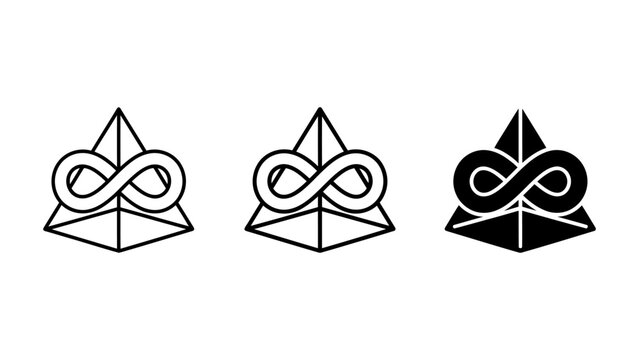 Infinity symbol on a pyramid icon set in outline and solid designs with three dimensional infinity geometry abstract