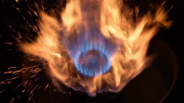 Blue and orange gas flame burning on dark background