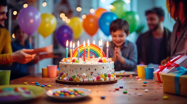 white birthday cake with candles, birthday party for children, children having fun, colorful cake, rainbow, multicolored balloons and sparkles, chocolate, sugar and candies, candles, sweet dessert
