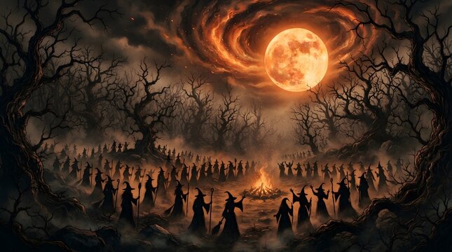 A dark and mysterious halloween wallpaper featuring a group of hooded figures gathering around a glowing campfire under a large full moon in forest