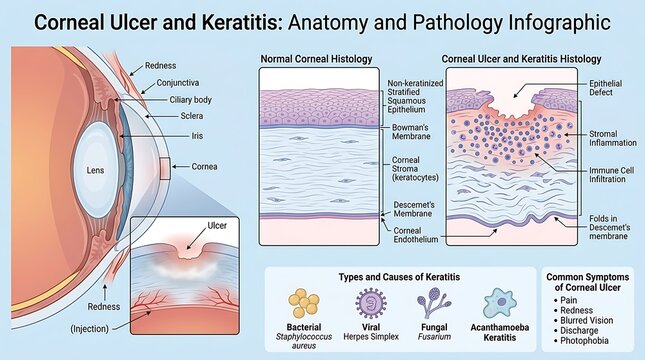 Comprehensive medical infographic about corneal ulcer and keratitis pathology featuring eye anatomy, histological views of tissue damage, common causes like bacteria and viruses, and patient symptoms.